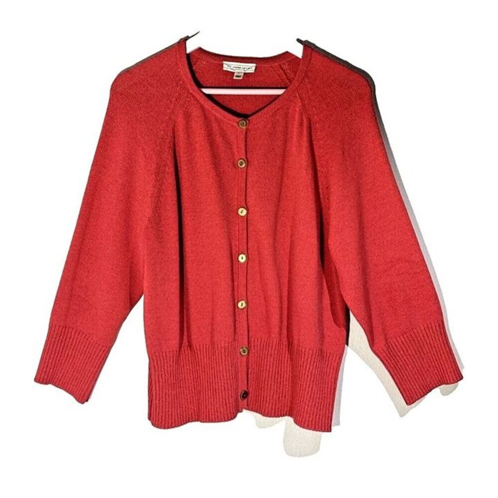 ST JOHN SPORT L Red Gold Buttons Wool Blend Cardigan Sweater Old Money Vintage